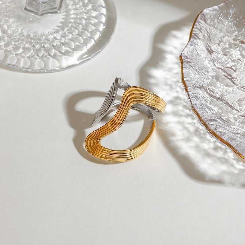 AiTURE Chunky Rings For Women, Gold Silver Thumb Ring Asymmetrical Wavy Curve Ring Adjustable Non Tarnish Dainty Stainless Steel New Year Anniversary Birthday Jewelry Gift - Image 3